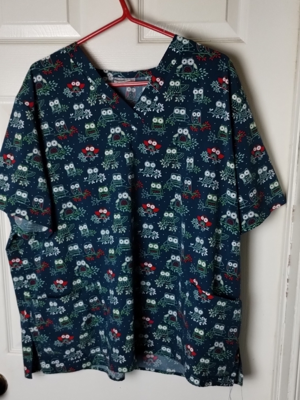 White Cross Navy Owl Print Medical Scrub Top